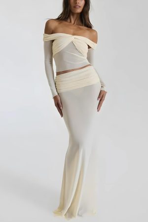 Stylish Work Outfits, Outfit Summer Ideas Sheer Off Shoulder Top & Maxi Skirt Two Piece Set