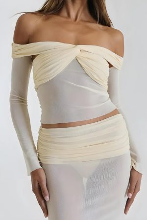Stylish Work Outfits, Outfit Summer Ideas Sheer Off Shoulder Top & Maxi Skirt Two Piece Set