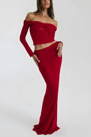 Stylish Work Outfits, Outfit Summer Ideas Sheer Off Shoulder Top & Maxi Skirt Two Piece Set
