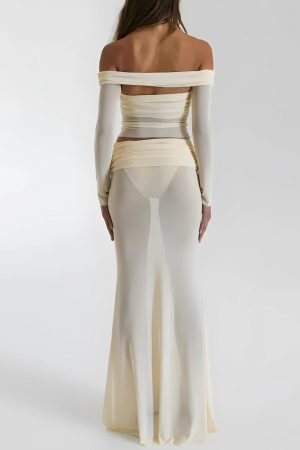 Stylish Work Outfits, Outfit Summer Ideas Sheer Off Shoulder Top & Maxi Skirt Two Piece Set
