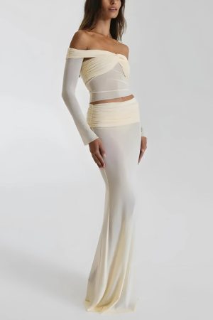 Stylish Work Outfits, Outfit Summer Ideas Sheer Off Shoulder Top & Maxi Skirt Two Piece Set