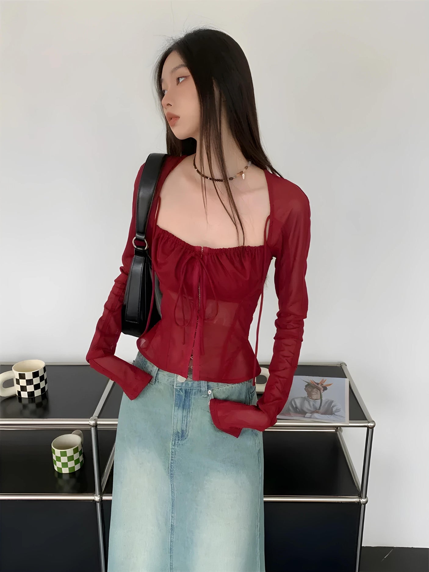 Stylish Work Outfits, Outfit Summer Ideas Sheer Ruched Lace Up Blouse