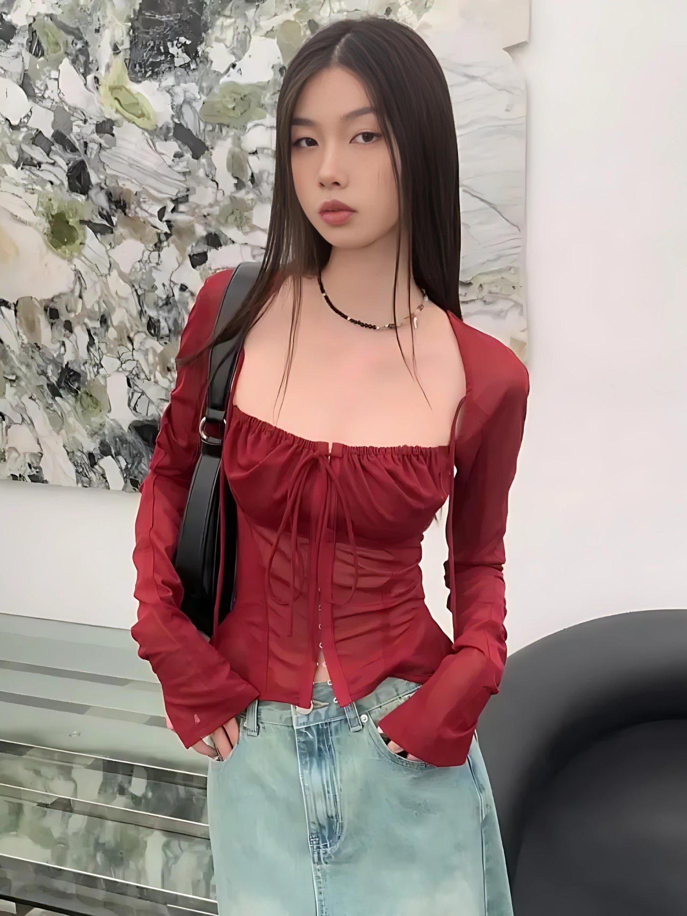 Stylish Work Outfits, Outfit Summer Ideas Sheer Ruched Lace Up Blouse