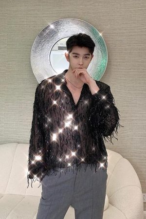 Stylish Work Outfits, Outfit Summer Ideas Shiny Sequin Sheer Shirt