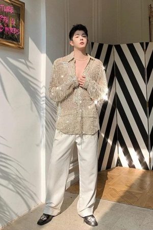 Stylish Work Outfits, Outfit Summer Ideas Shiny Sequin Sheer Shirt