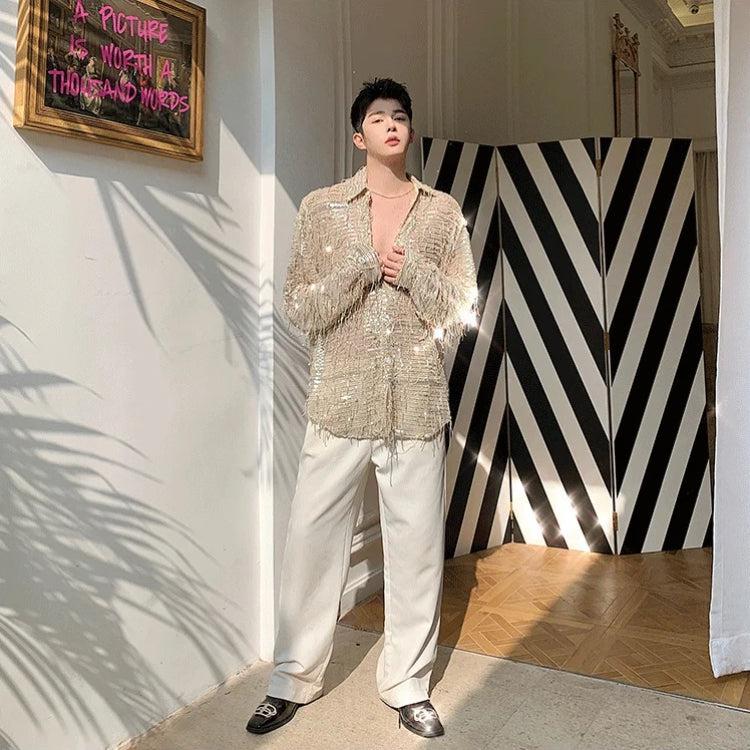 Stylish Work Outfits, Outfit Summer Ideas Shiny Sequin Sheer Shirt Stylish Work Outfits, Outfit Summer Ideas Shiny Sequin Sheer Shirt