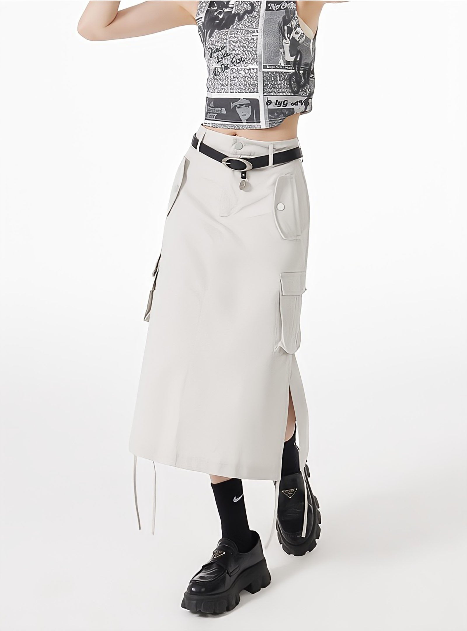 Stylish Work Outfits, Outfit Summer Ideas Slit & String Detailed Cargo Midi Skirt Stylish Work Outfits, Outfit Summer Ideas Slit & String Detailed Cargo Midi Skirt