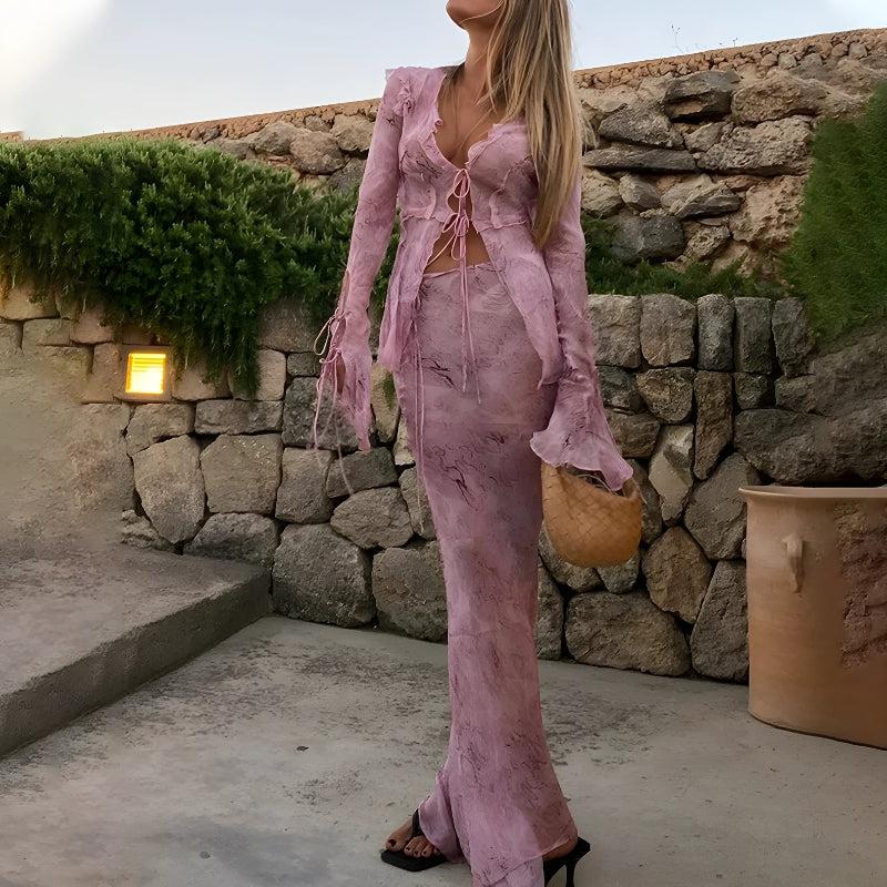 Stylish Work Outfits, Outfit Summer Ideas Snakeskin Blouse & Maxi Skirt Two Piece Set