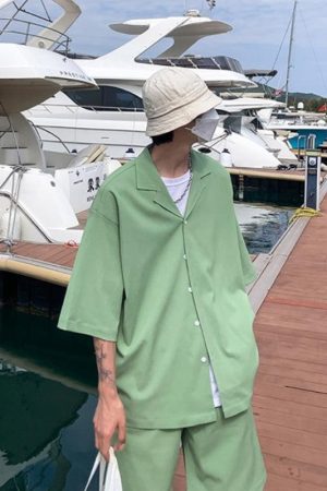 Stylish Work Outfits, Outfit Summer Ideas Soft Boy Shirt and Shorts Two Piece Set