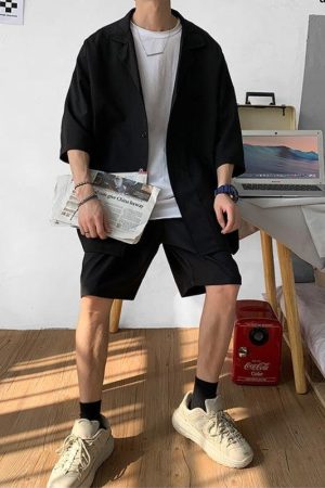Stylish Work Outfits, Outfit Summer Ideas Soft Boy Shirt and Shorts Two Piece Set