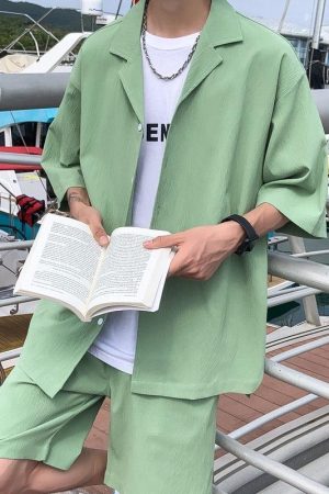 Stylish Work Outfits, Outfit Summer Ideas Soft Boy Shirt and Shorts Two Piece Set