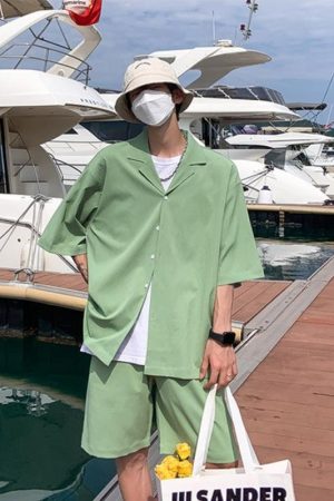 Stylish Work Outfits, Outfit Summer Ideas Soft Boy Shirt and Shorts Two Piece Set