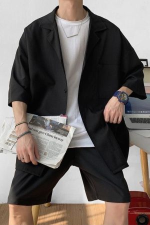 Stylish Work Outfits, Outfit Summer Ideas Soft Boy Shirt and Shorts Two Piece Set