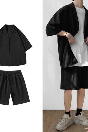 Stylish Work Outfits, Outfit Summer Ideas Soft Boy Shirt and Shorts Two Piece Set