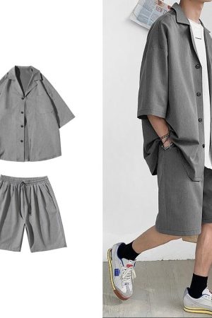 Stylish Work Outfits, Outfit Summer Ideas Soft Boy Shirt and Shorts Two Piece Set