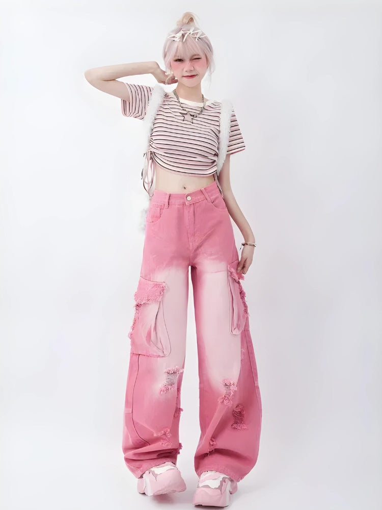 Stylish Work Outfits, Outfit Summer Ideas Soft Girl Distressed Cargo Jeans