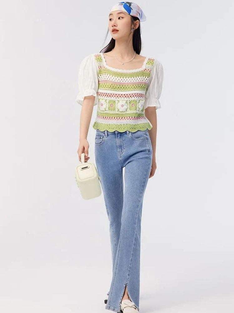 Stylish Work Outfits, Outfit Summer Ideas Soft Girl Floral Hollow Out Knitted Top