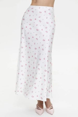 Stylish Work Outfits, Outfit Summer Ideas Soft Girl Floral Satin Midi Skirt