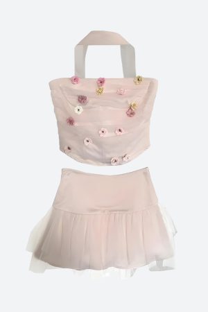 Stylish Work Outfits, Outfit Summer Ideas Soft Girl Flower Tube Top & Tulle Mini Skirt Two Piece Set