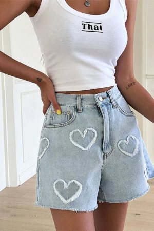 Stylish Work Outfits, Outfit Summer Ideas Soft Girl Heart Patch Denim Shorts