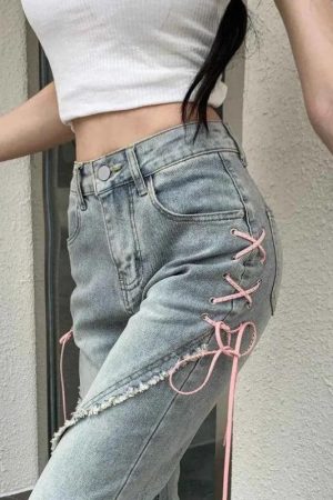 Stylish Work Outfits, Outfit Summer Ideas Soft Girl Lace Up Slit Flare Jeans