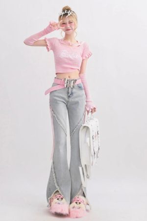 Stylish Work Outfits, Outfit Summer Ideas Soft Girl Lace Up Slit Flare Jeans