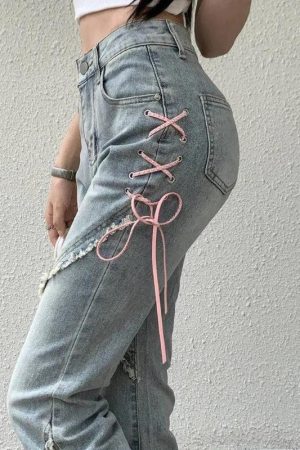 Stylish Work Outfits, Outfit Summer Ideas Soft Girl Lace Up Slit Flare Jeans