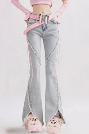Stylish Work Outfits, Outfit Summer Ideas Soft Girl Lace Up Slit Flare Jeans