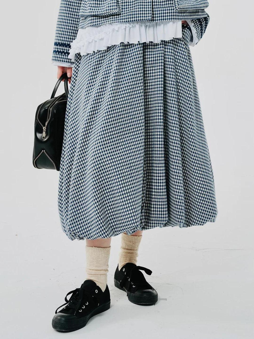 Stylish Work Outfits, Outfit Summer Ideas Soft Girl Plaid Bubble Midi Skirt Stylish Work Outfits, Outfit Summer Ideas Soft Girl Plaid Bubble Midi Skirt