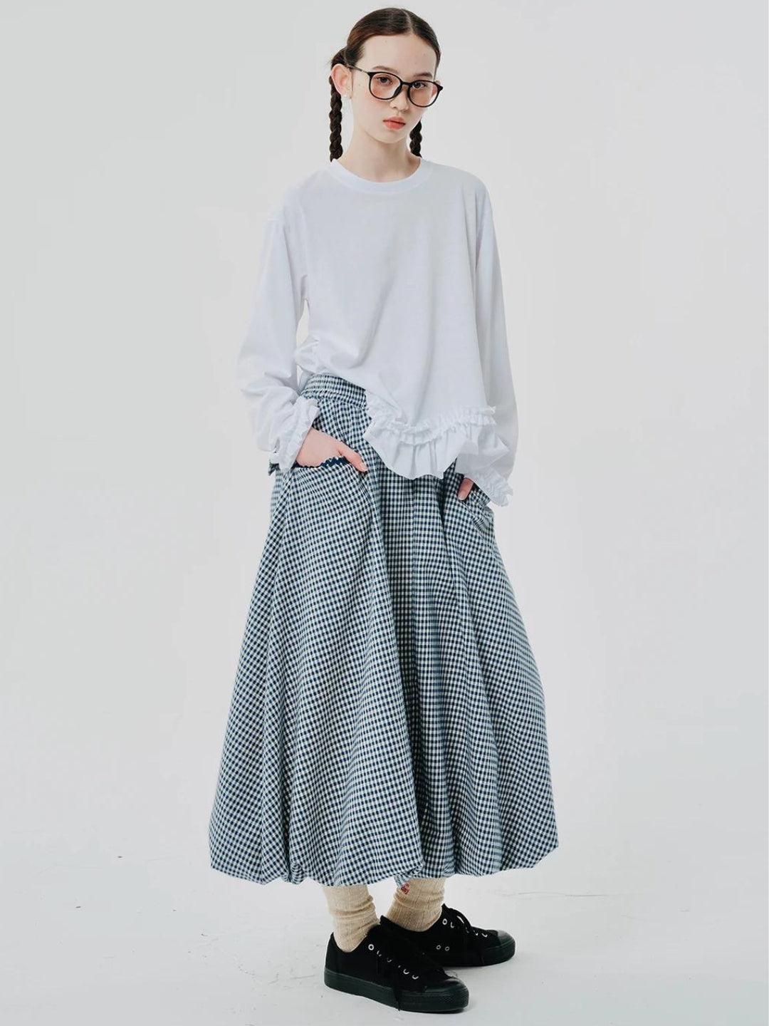Stylish Work Outfits, Outfit Summer Ideas Soft Girl Plaid Bubble Midi Skirt Stylish Work Outfits, Outfit Summer Ideas Soft Girl Plaid Bubble Midi Skirt