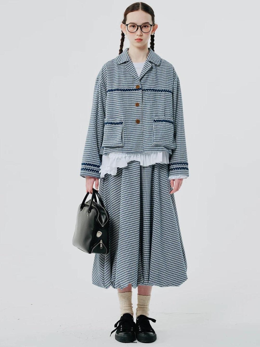 Stylish Work Outfits, Outfit Summer Ideas Soft Girl Plaid Bubble Midi Skirt