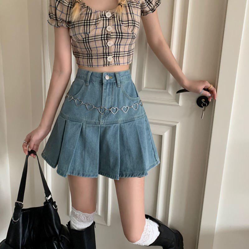 Stylish Work Outfits, Outfit Summer Ideas Soft Girl Pleated Denim Mini Skirt