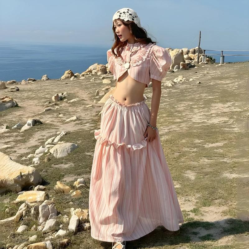 Stylish Work Outfits, Outfit Summer Ideas Soft Girl Striped Crop Top & Maxi Skirt Two Piece Set Stylish Work Outfits, Outfit Summer Ideas Soft Girl Striped Crop Top & Maxi Skirt Two Piece Set