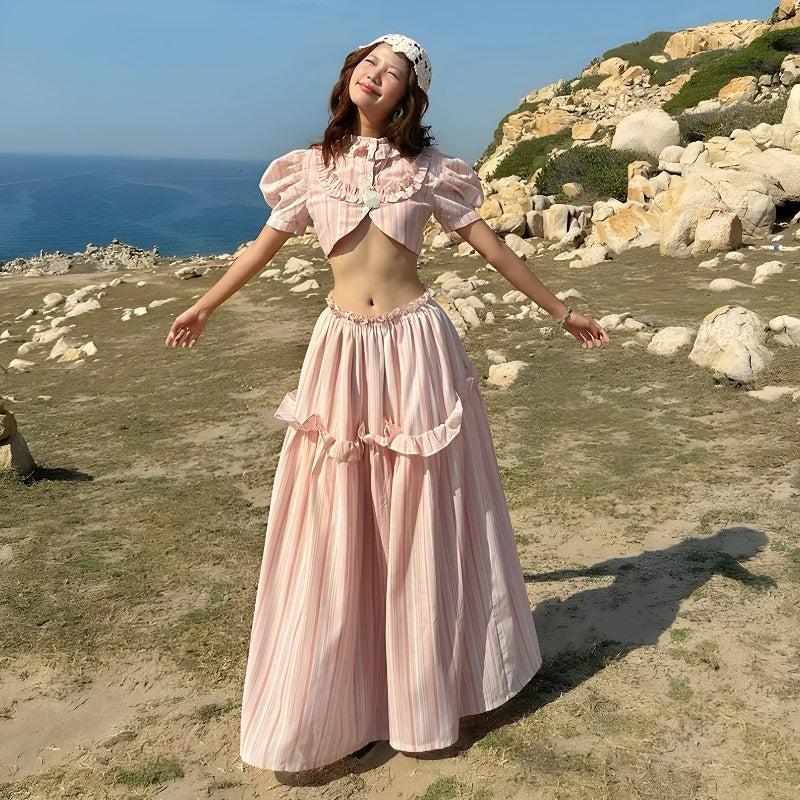 Stylish Work Outfits, Outfit Summer Ideas Soft Girl Striped Crop Top & Maxi Skirt Two Piece Set Stylish Work Outfits, Outfit Summer Ideas Soft Girl Striped Crop Top & Maxi Skirt Two Piece Set
