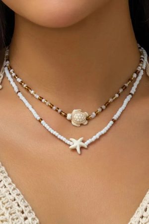 Stylish Work Outfits, Outfit Summer Ideas Starfish & Turtle Beaded Two-Pack Necklace Set