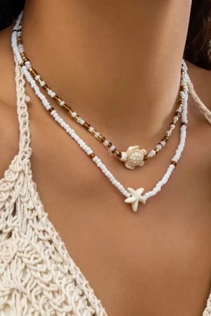 Stylish Work Outfits, Outfit Summer Ideas Starfish & Turtle Beaded Two-Pack Necklace Set