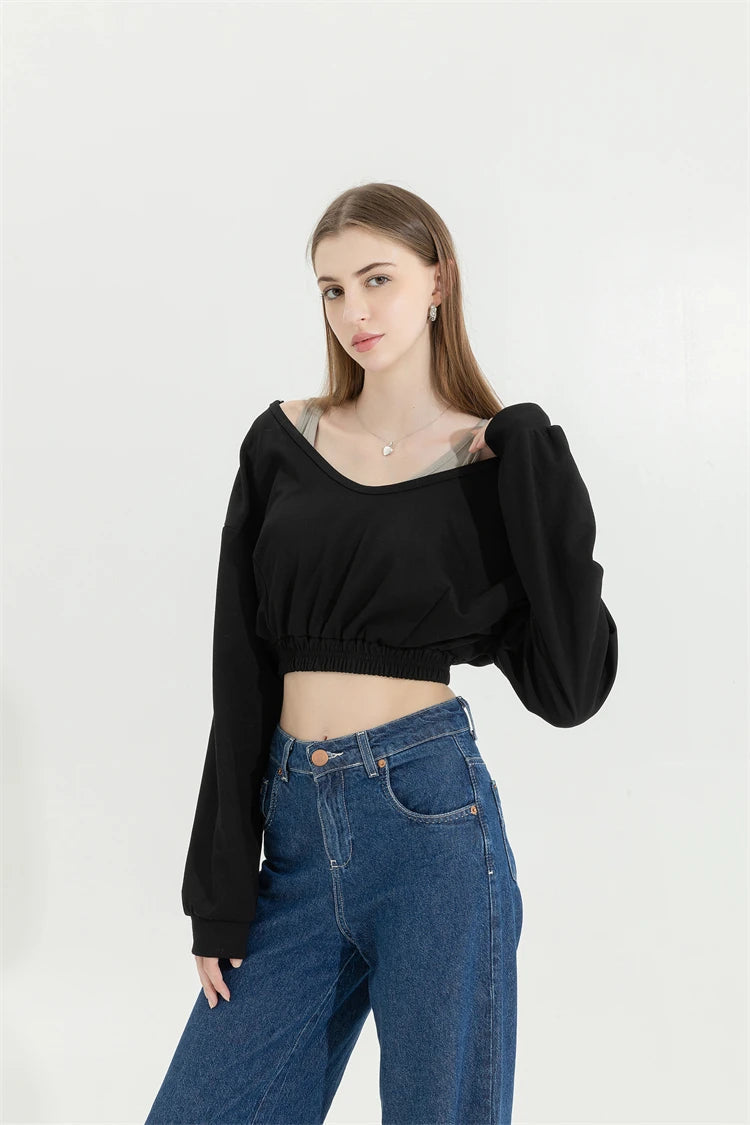 Stylish Work Outfits, Outfit Summer Ideas Strap Detailed Wide Neck Crop Sweatshirt Stylish Work Outfits, Outfit Summer Ideas Strap Detailed Wide Neck Crop Sweatshirt