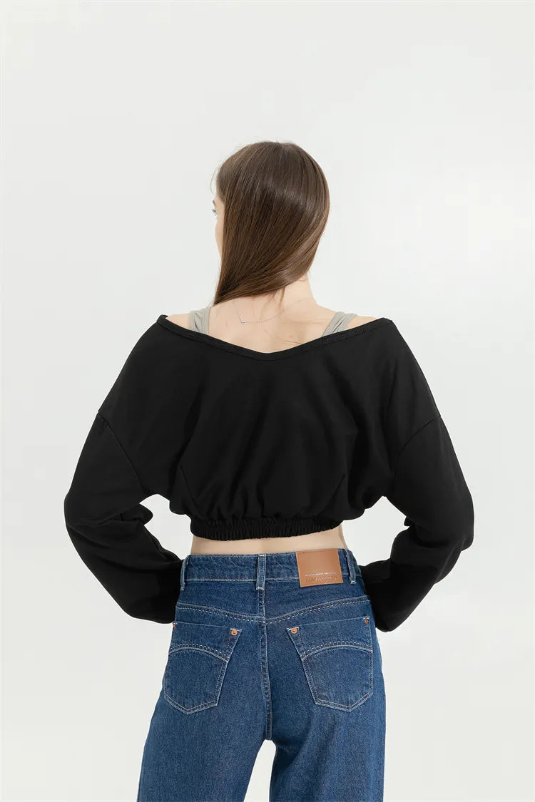 Stylish Work Outfits, Outfit Summer Ideas Strap Detailed Wide Neck Crop Sweatshirt