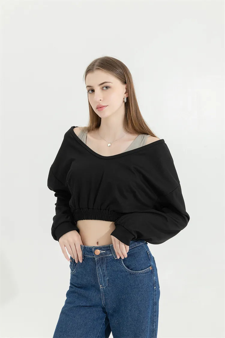 Stylish Work Outfits, Outfit Summer Ideas Strap Detailed Wide Neck Crop Sweatshirt