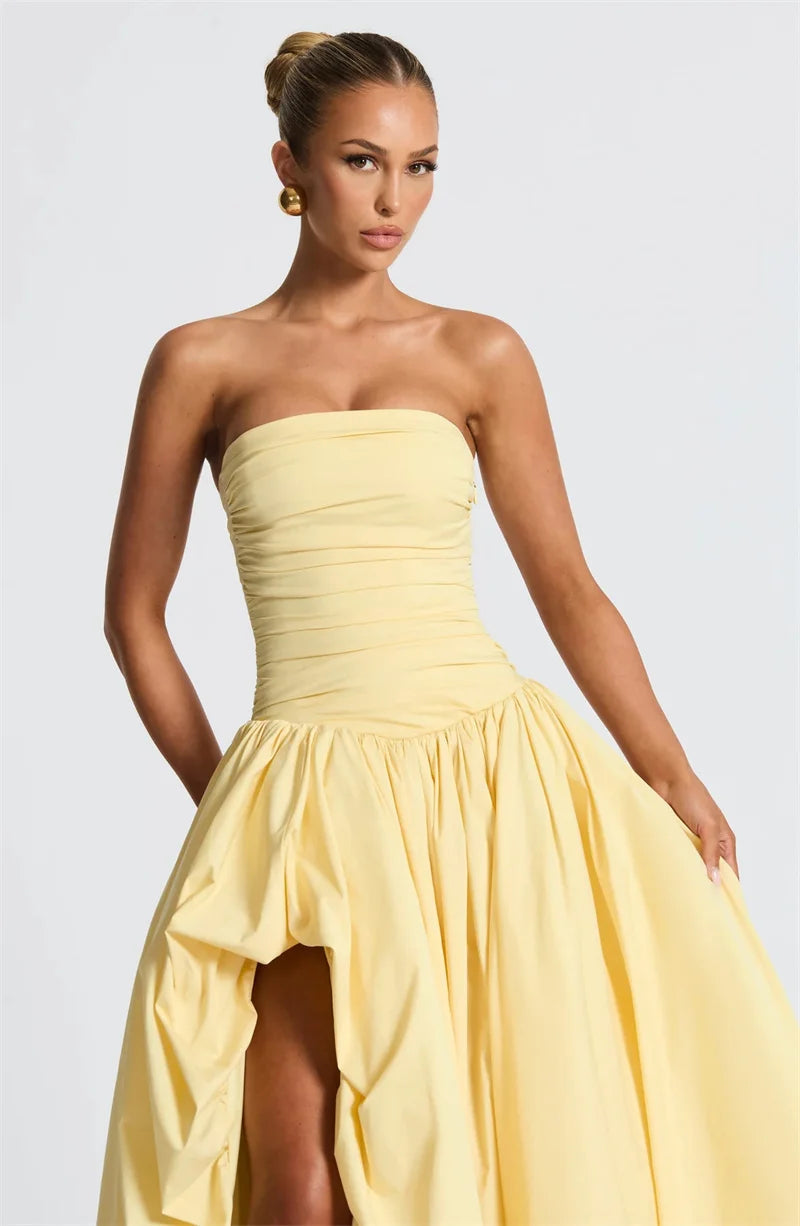 Stylish Work Outfits, Outfit Summer Ideas Strapless High Split Lace-Up Back Maxi Dress Stylish Work Outfits, Outfit Summer Ideas Strapless High Split Lace-Up Back Maxi Dress