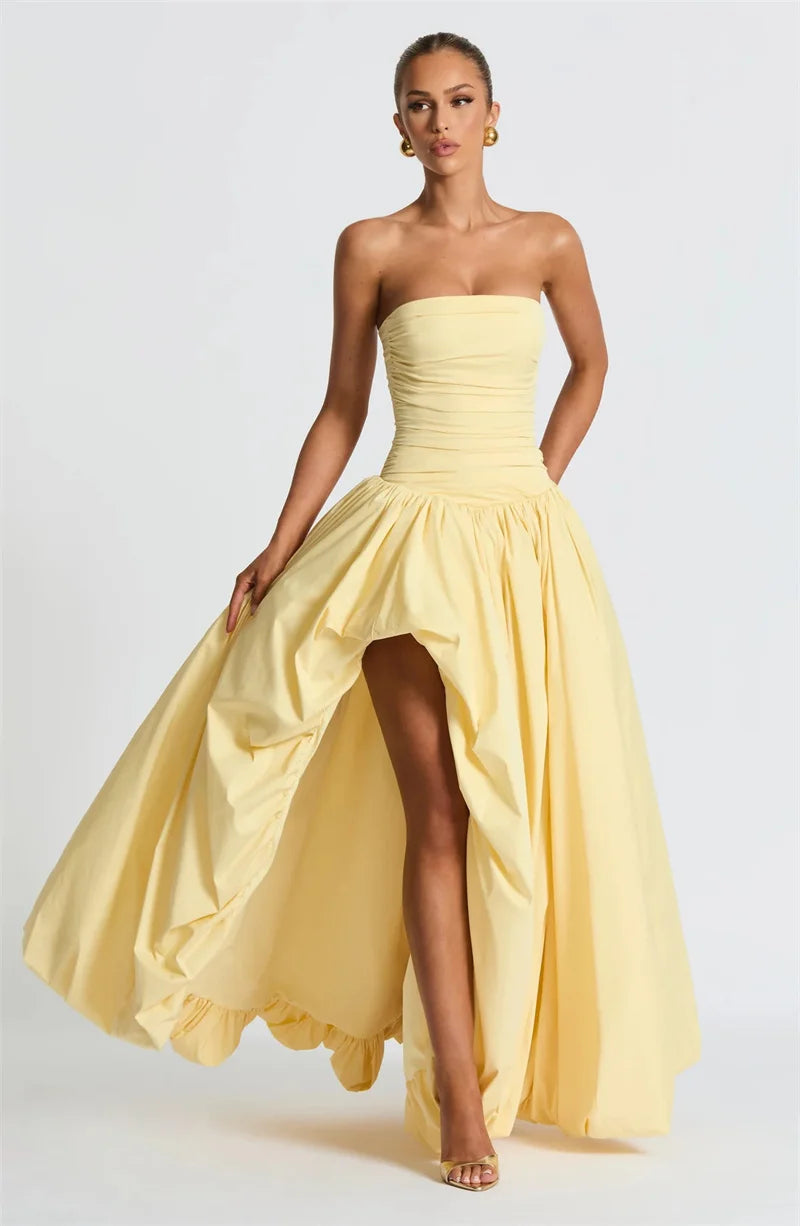 Stylish Work Outfits, Outfit Summer Ideas Strapless High Split Lace-Up Back Maxi Dress