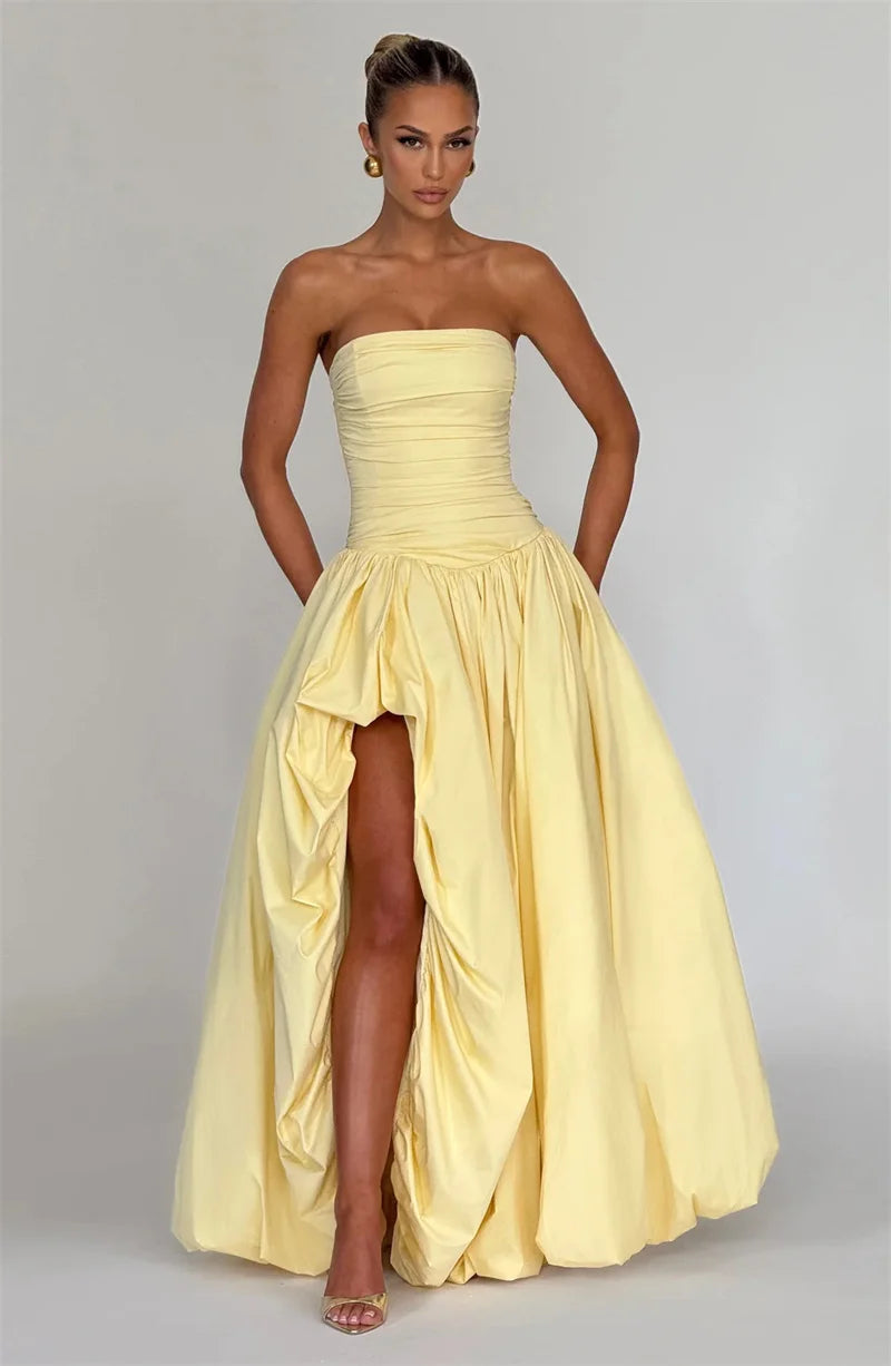Stylish Work Outfits, Outfit Summer Ideas Strapless High Split Lace-Up Back Maxi Dress Stylish Work Outfits, Outfit Summer Ideas Strapless High Split Lace-Up Back Maxi Dress