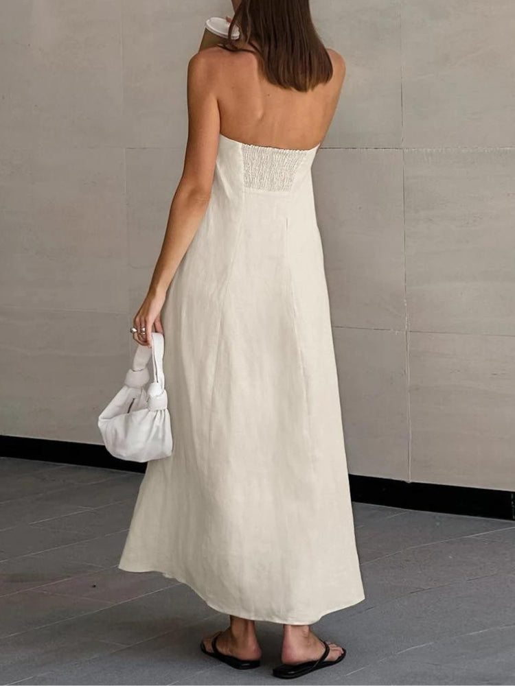 Stylish Work Outfits, Outfit Summer Ideas Strapless Linen Midi Dress