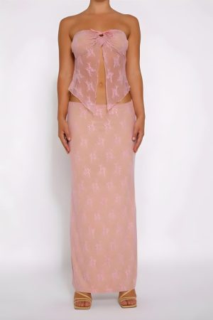 Stylish Work Outfits, Outfit Summer Ideas Strapless Sheer Top & Maxi Skirt Two Piece Set