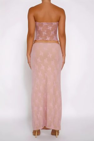 Stylish Work Outfits, Outfit Summer Ideas Strapless Sheer Top & Maxi Skirt Two Piece Set