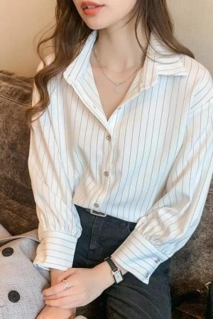 Stylish Work Outfits, Outfit Summer Ideas Striped Classic Long Sleeve Shirt