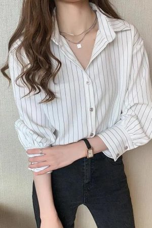 Stylish Work Outfits, Outfit Summer Ideas Striped Classic Long Sleeve Shirt