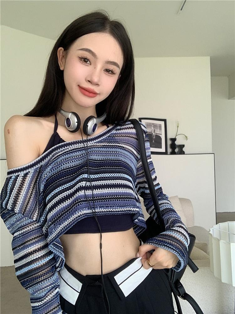 Stylish Work Outfits, Outfit Summer Ideas Striped Wide Neck Crop Sweater Stylish Work Outfits, Outfit Summer Ideas Striped Wide Neck Crop Sweater