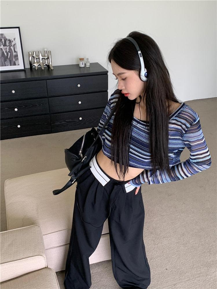 Stylish Work Outfits, Outfit Summer Ideas Striped Wide Neck Crop Sweater Stylish Work Outfits, Outfit Summer Ideas Striped Wide Neck Crop Sweater
