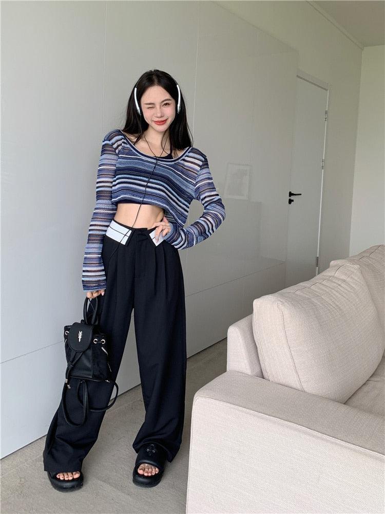 Stylish Work Outfits, Outfit Summer Ideas Striped Wide Neck Crop Sweater Stylish Work Outfits, Outfit Summer Ideas Striped Wide Neck Crop Sweater